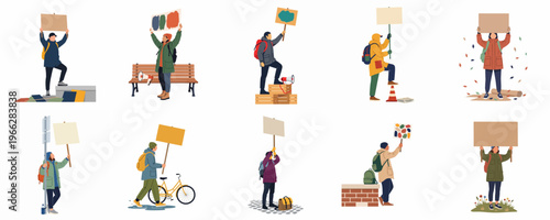 Set of Diverse People Holding Blank Signs and Placards for Protests or Demonstrations, Flat Vector Illustration Style