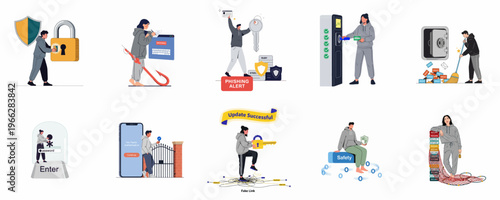 Set of flat illustrations representing various aspects of cybersecurity, including phishing alerts, two-factor authentication, data safety, and secure digital access.