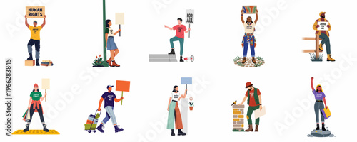 Diverse group of activists holding signs and protesting for human rights and justice, flat vector illustration set.