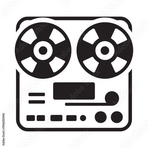 Simple black and white icon of a vintage reel to reel tape recorder