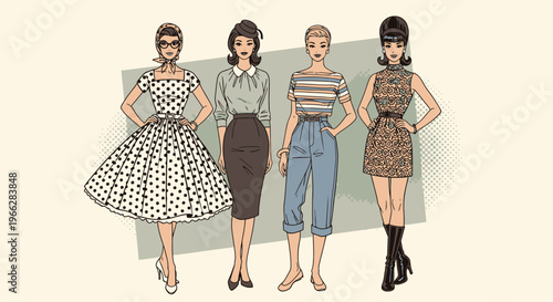 Fashion illustration of four women in different outfits