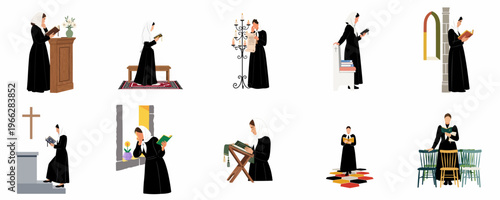 Collection of flat illustrations of women in traditional religious attire reading books, praying, and engaging in spiritual devotion in various settings.