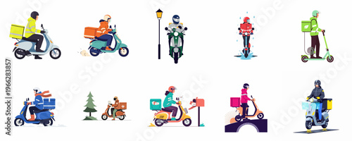 Set of delivery couriers on scooters and mopeds delivering food and packages in various weather conditions and environments, flat vector illustration.