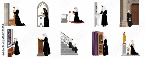Collection of illustrations depicting a devout woman in a black dress and white veil performing various religious practices and prayers inside a church.