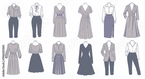 Fashion Clothing Illustration Various Outfits on Hangers