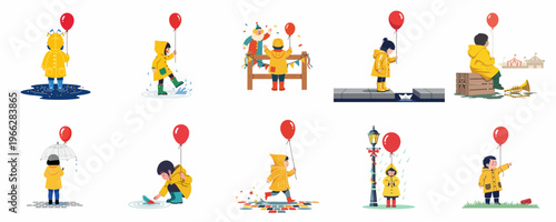 Set of ten whimsical illustrations featuring children in yellow raincoats holding red balloons while playing in puddles, rain, and at the circus.