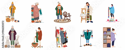 Collection of Diverse Women Engaged in Knitting and Textile Crafts with Colorful Yarn