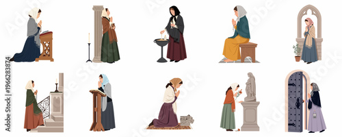 Collection of flat vector illustrations depicting devout women in traditional clothing engaged in various acts of prayer and religious worship inside a church.