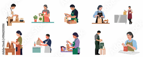Set of diverse restaurant staff characters packing food orders into bags and boxes for delivery or takeout service.