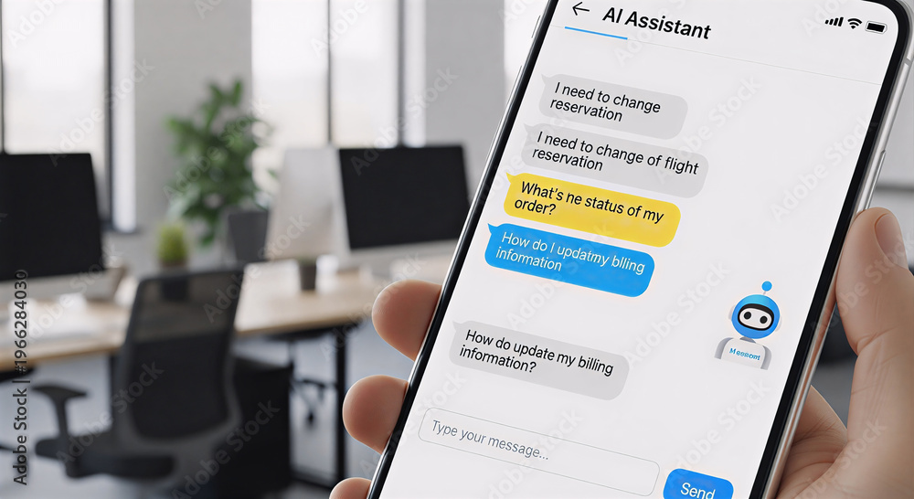 Obraz premium A smartphone displays an AI assistant chatbot interface, featuring a conversation about changing reservations and updating billing information