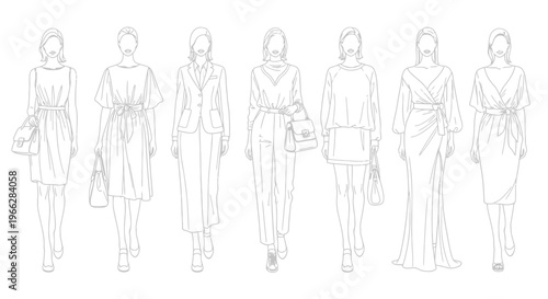 Diverse Fashionable Women in Various Outfits and Dresses