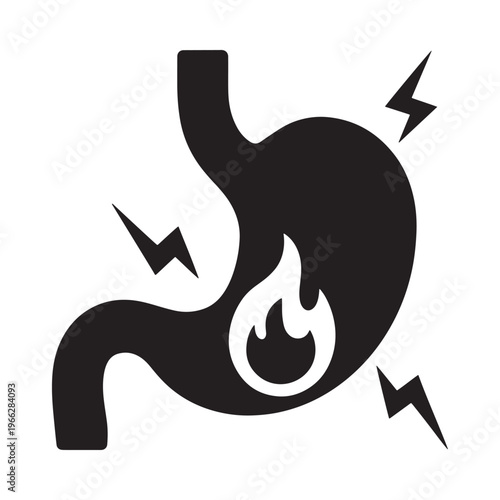 Stomach pain illustration with fire and lightning bolt symbols
