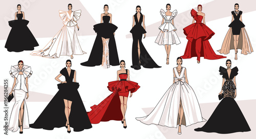 Fashionable Women in Various Elegant Evening Gowns