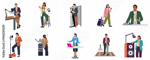 Diverse set of professional men and women recording podcasts, broadcasting, and speaking into microphones for digital content creation.