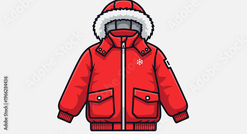 Red cartoon winter jacket with fur hood and snowflake logo