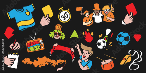 Comprehensive set of soccer match day icons and fan characters. Great for creating engaging social media stories, website banners, and tournament invitations for football enthusiasts and clubs.