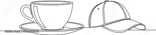 Minimalist Line Art Icons Set Featuring Coffee Cup with Saucer and Baseball Cap for Fashion, Lifestyle, and Accessories Illustrations