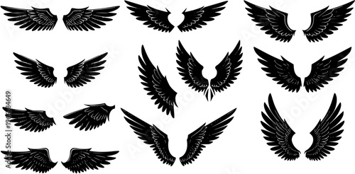 Diverse Set of Black Vector Wings: Angel, Bird, and Fantasy Designs