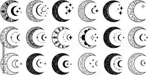 Crescent Moon Vector Collection: Celestial, Mystical  Bohemian Moon Phases