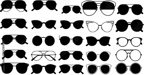 Set of Various Modern and Classic Sunglasses and Eyeglasses Designs, Black Silhouettes and Outline Frames, Diverse Eyewear Collection for Fashion and Optical Needs
