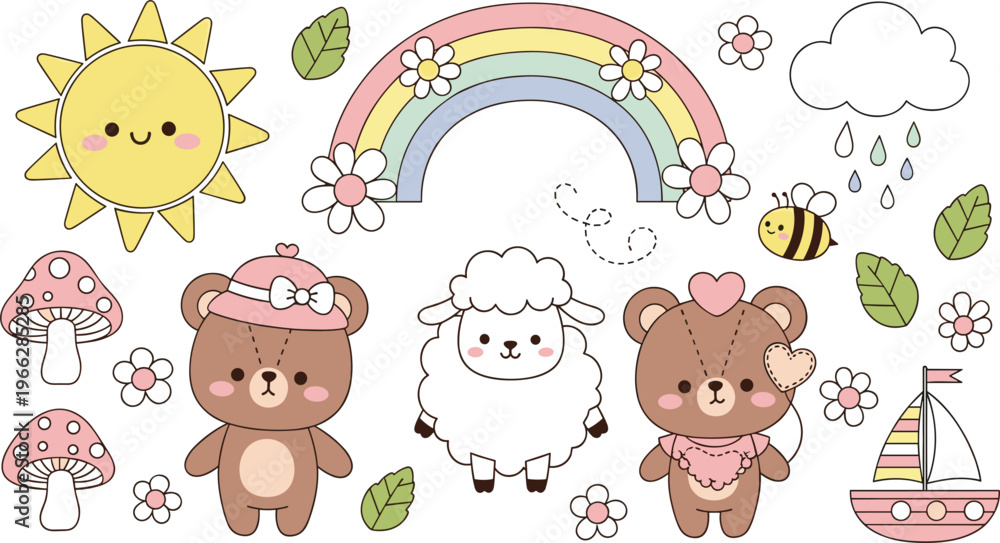 Fototapeta premium Adorable Pastel Illustration Set with Cute Bears, Sheep, Rainbow, Sun, Flowers, and Mushrooms for Children's Art