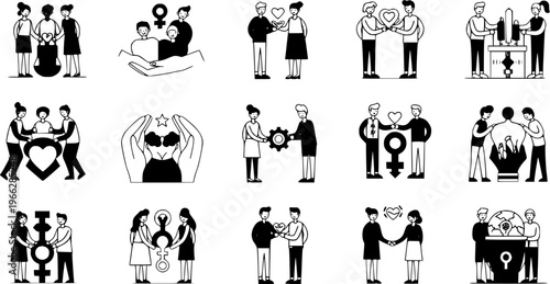 Gender Equality, Diversity, Inclusion, and LGBTQ Rights Vector Icons Set. Collection of linear illustrations for human rights, love, partnership, and empowerment.