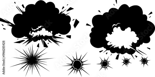 Black and white comic book style explosion effects, smoke clouds, starbursts, and impact shards vector set.