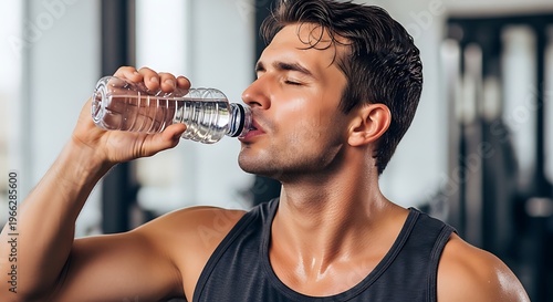 A Man drinking water bottle inside the gym