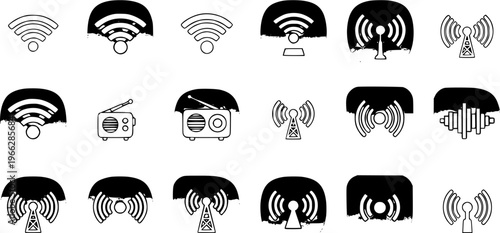 Radio  Wireless Communication Icons: Minimalist Black and White Design