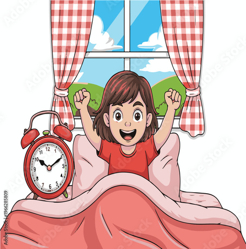 Child Waking Up Excitedly in Bed with Alarm Clock Morning Routine Childhood Lifestyle Vector