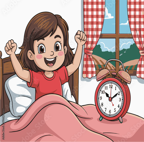 Child Waking Up Excitedly To Alarm Clock in Bed Morning Routine Early Riser Concept Vector Illustration