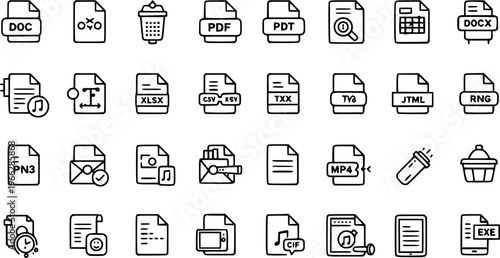 File Type Icons Set: Outline vector collection of document formats (DOC, PDF, XLSX, MP4, CSV), alongside utility symbols for data management and digital content.