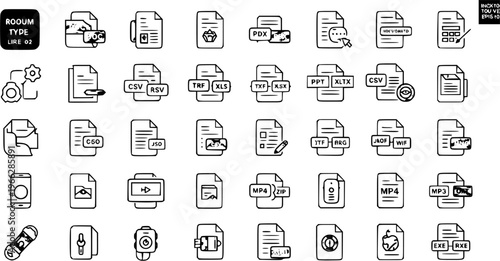 Collection of Hand-Drawn File Type, Document, and Device Icons in Line Art Style