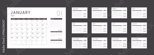 Set 12 Pages Monthly Calendar Planner Templates 2027 year with note. Vector mockup of wall, desktop calendar organizer grid ready print. Week starting on Monday. Page schedule size A4 - 21x29.7 cm