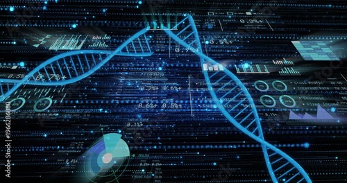 Two cyan DNA helices entering upper-left, sweeping across HUD, crossing and visualizing biomedical