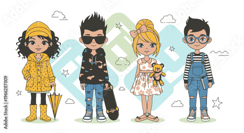 Diverse cartoon friends standing together in a heart shaped background