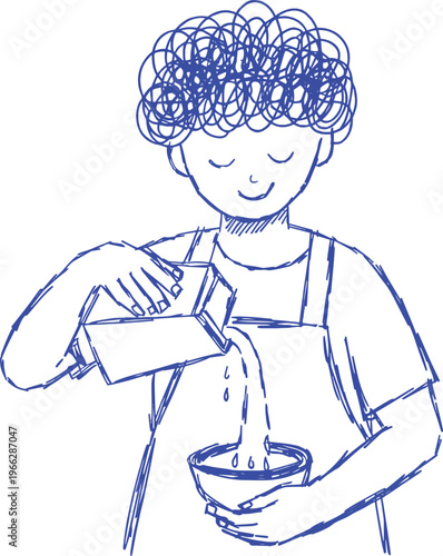 Blue ink of person pouring milk into cereal bowl