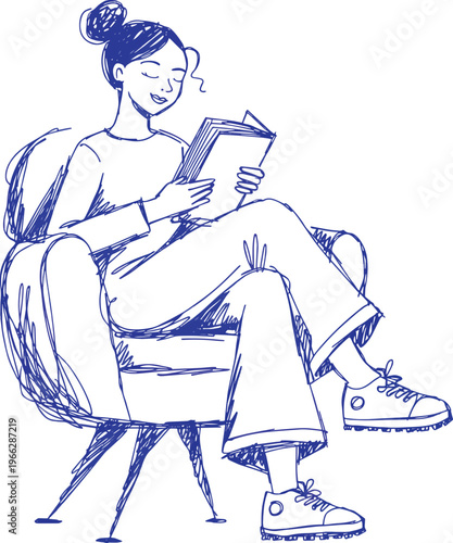 Woman reading book in armchair blue ink sitting