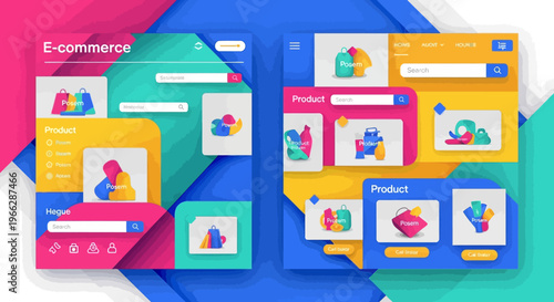 E-commerce, web design, mobile app UI elements, colorful interface templates, vector graphics
