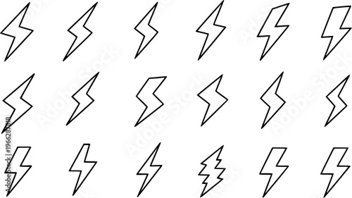 Collection of varied lightning bolt outline icons. Set of different style thunder or electricity symbols for energy, power, warning, and graphic design elements.