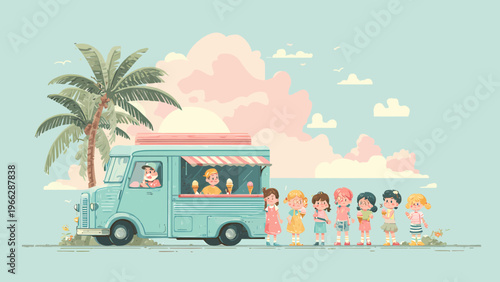 A cute cartoon vector illustration of children waiting in line at a summer ice cream truck scene outdoors