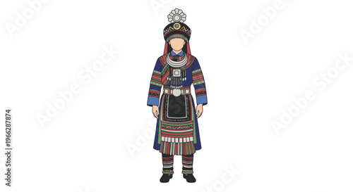 Woman in traditional Tibetan clothing standing isolated on white