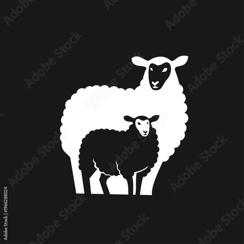 White Ewe and Black Lamb Minimalist Graphic Design Illustration on Black Background