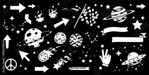 Detailed vector illustration set of cosmic elements and modern symbols including planets, stars, comets, UFOs, arrows, racing flag, peace sign, and hand gestures in black and white silhouette style.
