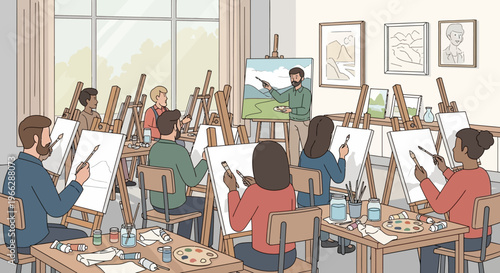 People sitting at tables painting art.