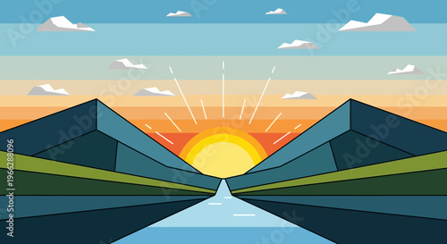 Sun Setting Between Two Mountains.