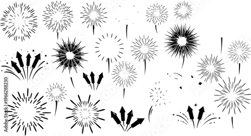 Hand-Drawn Fireworks and Rockets Vector Set. Black and White Celebration Elements for New Year, Holidays, and Festive Events.