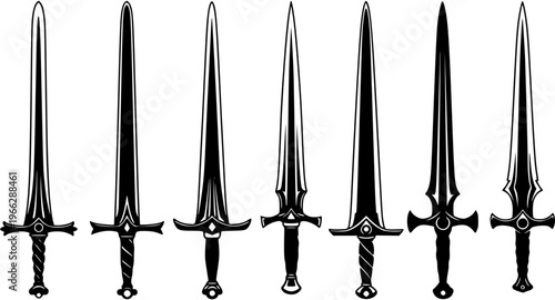 Vector Silhouette Medieval Fantasy Swords Collection. Detailed Graphic Set of Eight Ancient Weapon Designs with Varying Blades, Guards, and Pommels.