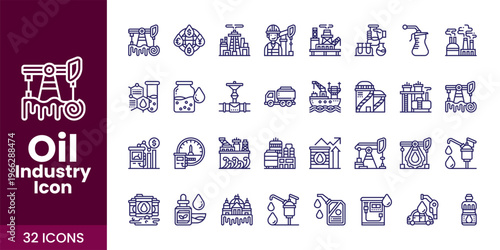 Oil and Gas Industry Icon Set with Fuel, Refinery, Pipeline, and Industrial Energy Vector Collection