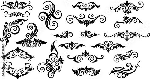 Elegant vector set of vintage black flourishes, ornate floral scrolls, calligraphic borders, and decorative swirly dividers for retro design and adornment.